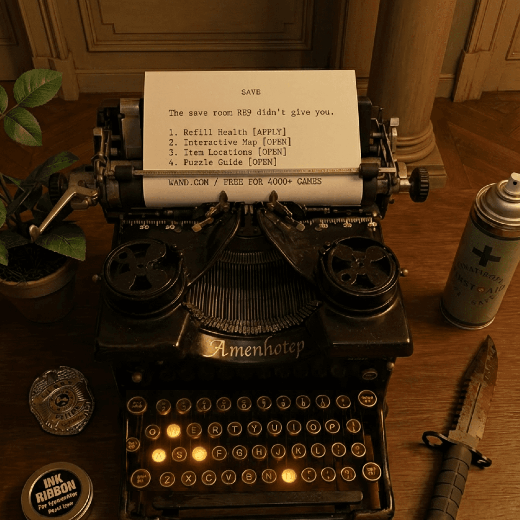 A typewriter delivers the missing pieces that the save room never thought to give you.