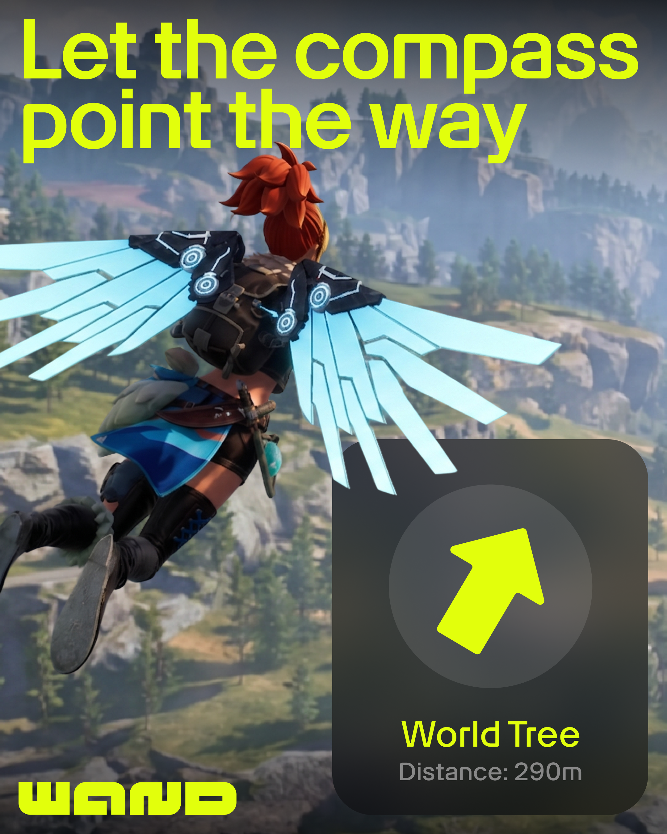 A player glides through the world with Wand turning a distant objective into a clear destination.