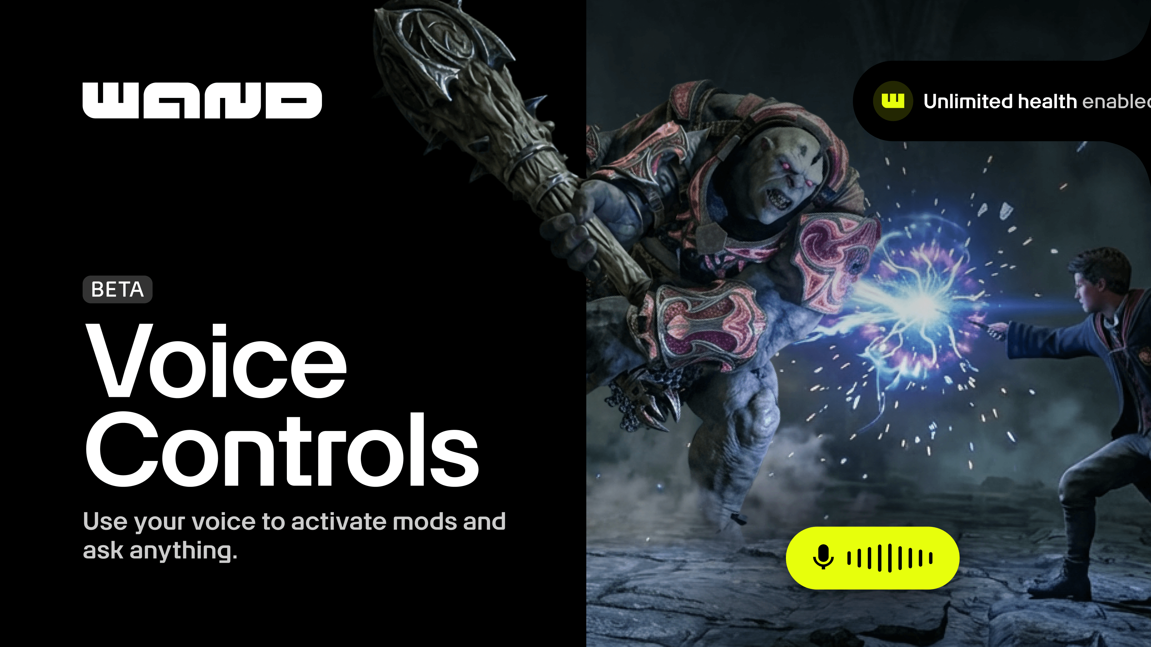 A player uses their voice to activate mods and interact with their game without leaving the action.