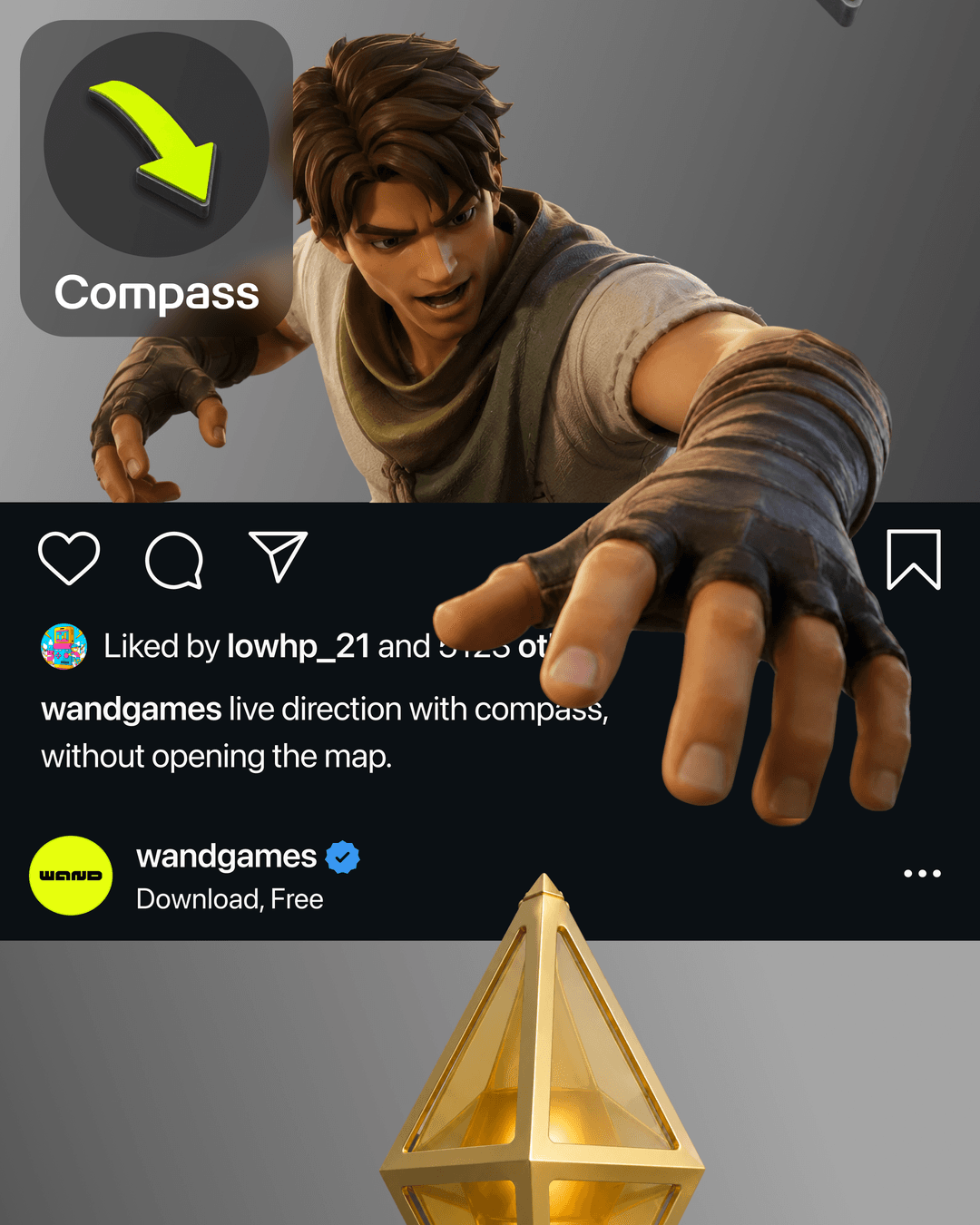 A reaching explorer is steered by Wand Compass in the corner of an Instagram post, no map required.