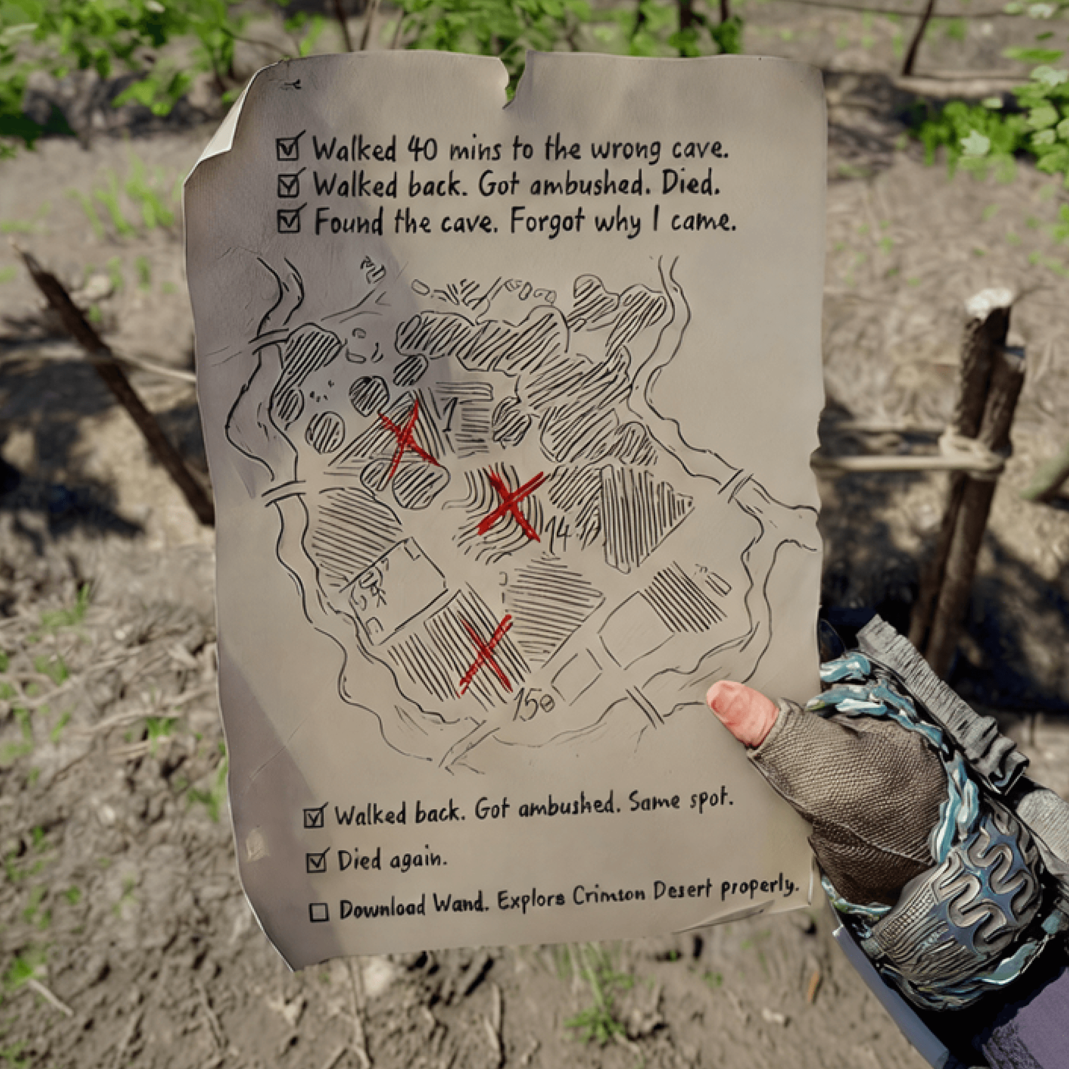 A lost adventurer retraces a painfully familiar route through the wilderness.